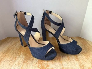 Sophie17 Women's Heels Shoes Denim Blue Open Toe Sandals Straps  Size 7.5 & Box - Picture 1 of 14