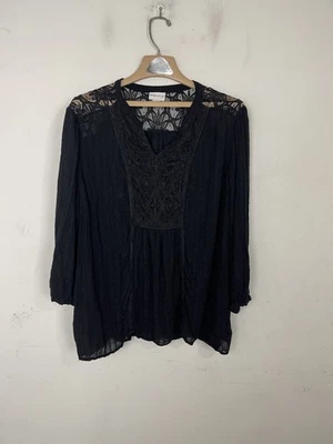 Blusa Top Campesina Yugo Encaje Negra AVA & VIV Mujer Talla Grande 2X Manga Larga Foto 1 de 4