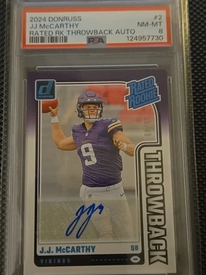 2024 Donruss Rated Rookie Throwback Auto /49 JJ McCarthy PSA 8.  Jersey Match!! - Image 1 of 2