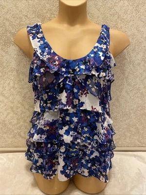 White House Black Market Tank Blouse. Multicolor Floral Ruffle. Size Medium - Image 1 of 4