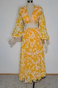 Vintage 1970s Yellow Paisley Chiffon Party Formal Dress Beaded Waist Maxi Sz S - Picture 1 of 12