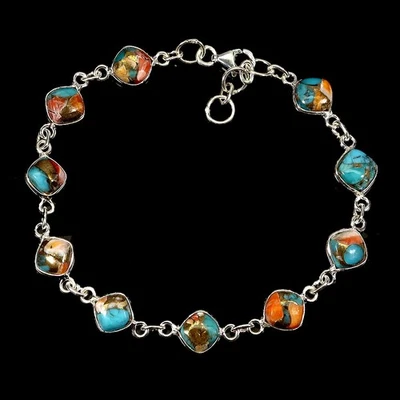 Pulsera de plata de ley 925 cojín Kingman turquesa 6 mm joyas de piedras preciosas 7 pulgadas Foto 1 de 4