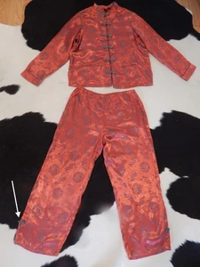 VINTAGE LOUNGING PAJAMAS CHINESE SHANGHAI RED SATIN BROCADE FROG CLOSURES SZ XL - Picture 1 of 6