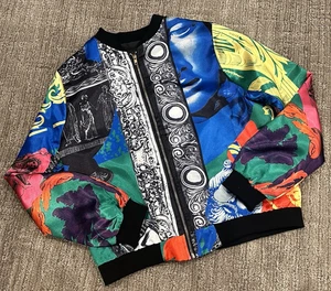 VINTAGE SATIN SATEEN MULTI-COLOR GREEK ROMAN GODS SWAG BOMBER JACKET S  EUC - Picture 1 of 4