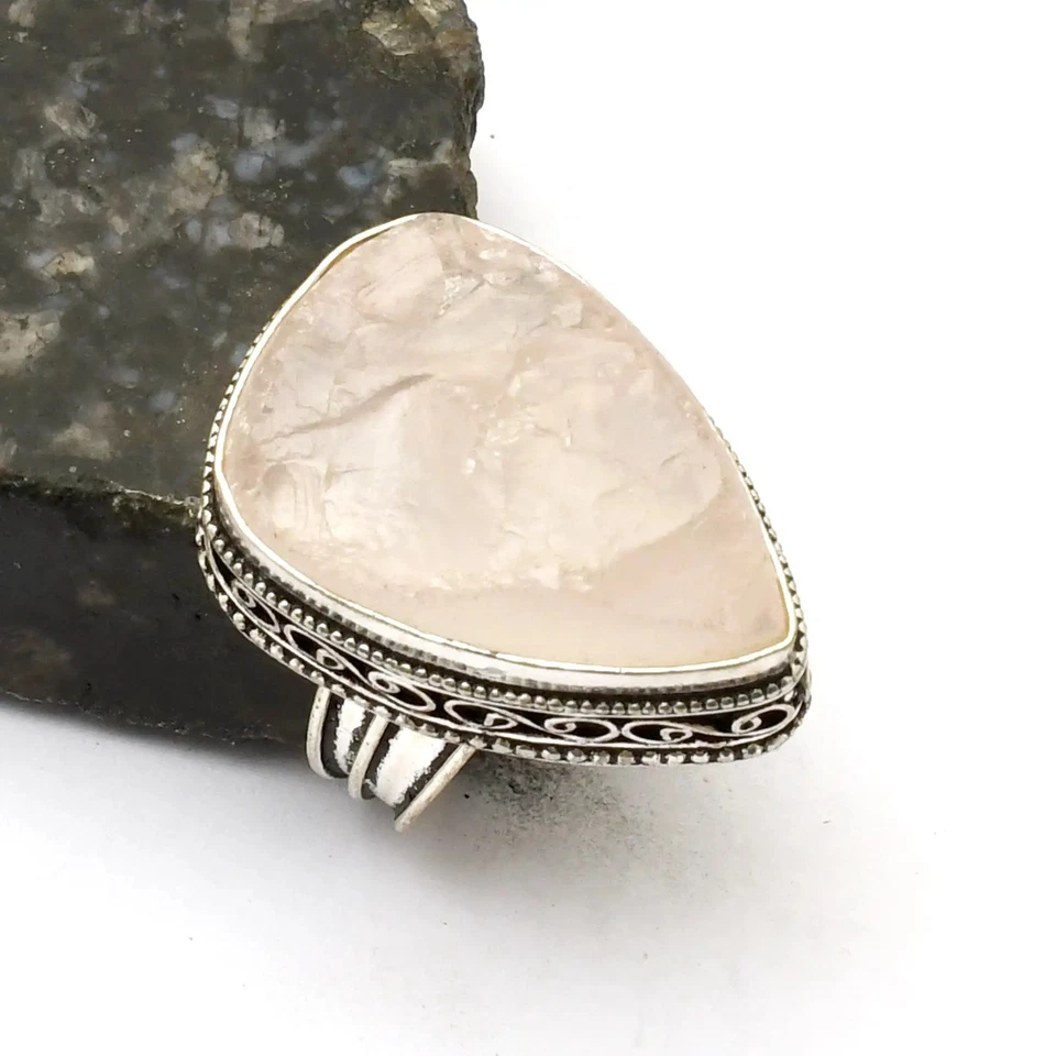 Кольцо ювелирное изделие ручной работы с розовым кварцем драгоценным камнем антикварный дизайн размер США - 8,75 AR 41045 - Изображение 1 из 1