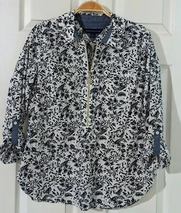 Tommy Hilfiger Gr. SP Oberteil Teilreißverschluss vorne Roll-Tab Ärmel Print Blau Palmen - Bild 1 von 9