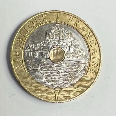 Moneda trimetálica de 20 francos de Francia 1992, castillo de Le Mont St Michel en Normandía Foto 1 de 2