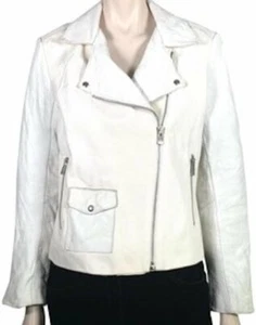 SANDRO WEISSE LEDER UND BAUMWOLLE CANVAS TWILL STOFF JACKE SILBER REISSVERSCHLÜSSE EU 40 - Bild 1 von 6