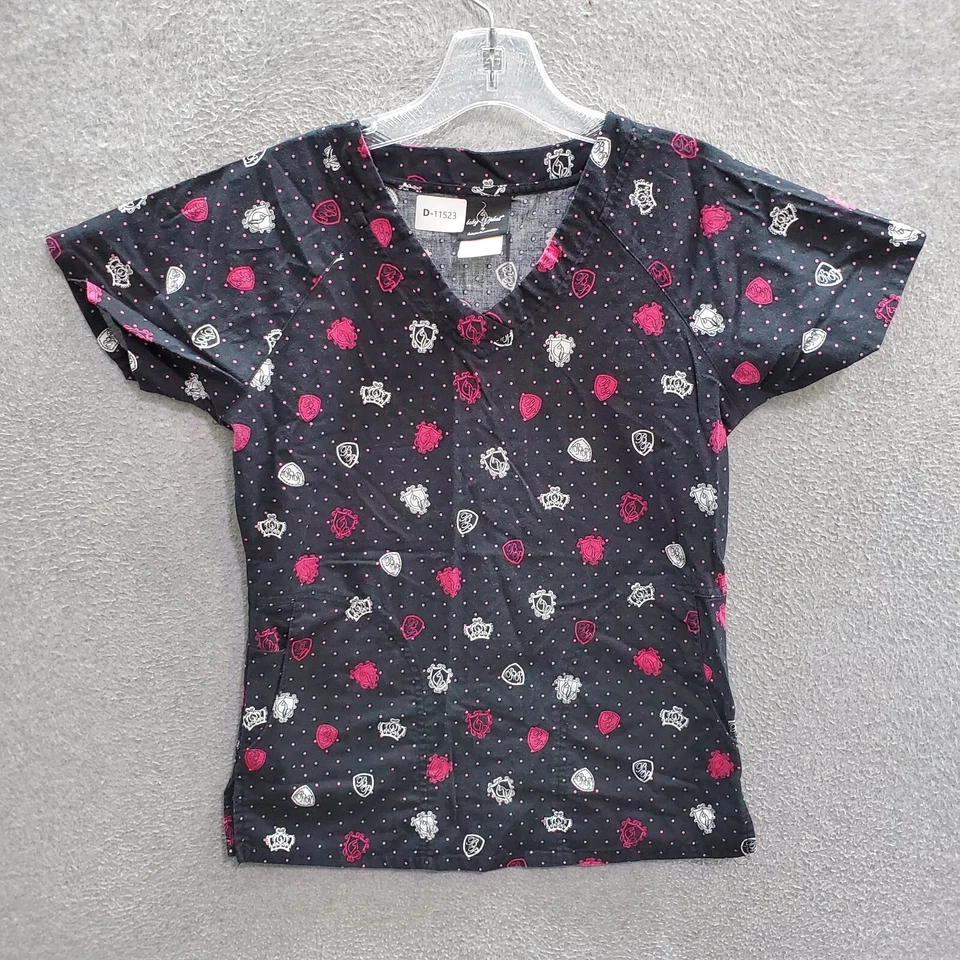 Baby Phat Women Scrub Top XS Black Polka Dots Crown Logo V Neck Short Sleeve - Image 1 of 4