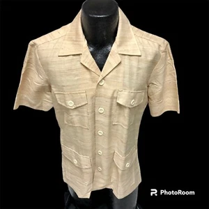 Vtg 60's Maharajas Beige Natural SHANTUNG SILK Safari 4 Pocket MoD Shirt L - Picture 1 of 9