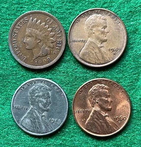 US - Indian Head Penny, WW2 Steel Cent, Lincoln Wheat and Memorial Set - Picture 1 of 2