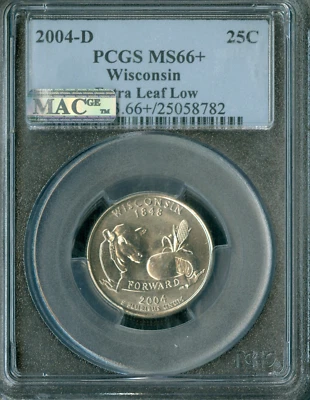 2004 D WISCONSIN LOW LEAF STATE QUARTER  PCGS MS66 + MAC SPOTLESS  RARE POP 3 . - Image 1 of 2