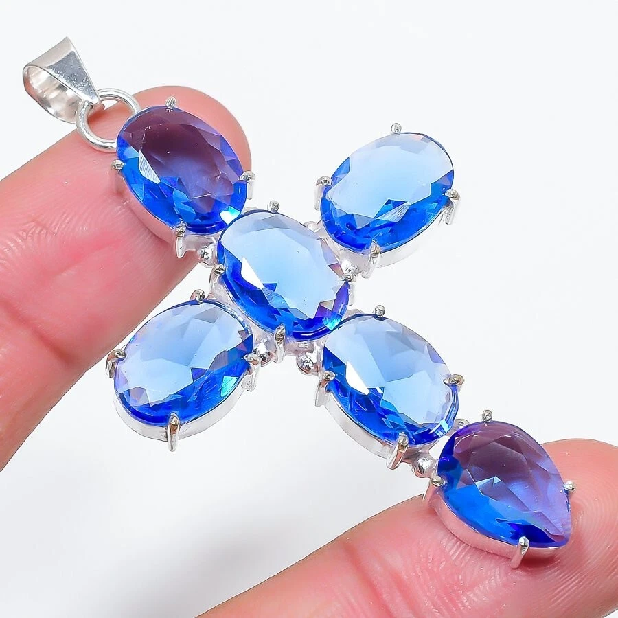 Colgante de joyería de plata de ley 925 hecho a mano con piedras preciosas de tanzanita azul talla 2,6" Foto 1 de 1