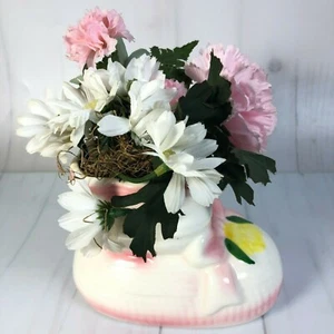Vintage Ceramic Pottery Pink Baby Bootie Boots Floral Planter Vase With Flowers - Picture 1 of 8