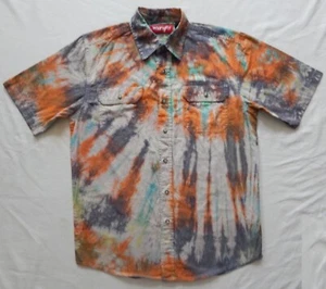 Tie Dye Black Orange Spiral Short Sleeve Button Up Shirt - Small Mens Hand Made - Picture 1 of 7
