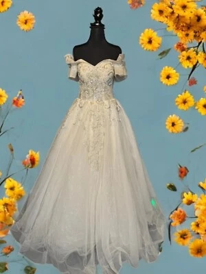 Off-the-Shoulder Beaded Wedding Dress – Lace-Up Corset Back, A-Line Tulle, S - Image 1 of 3