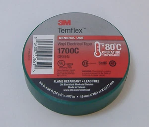 PREMIUM GRADE 3M TEMFLEX GREEN VINYL ELECTRICAL TAPE 3/4" X 66' FLAME RETARDANT - Picture 1 of 5