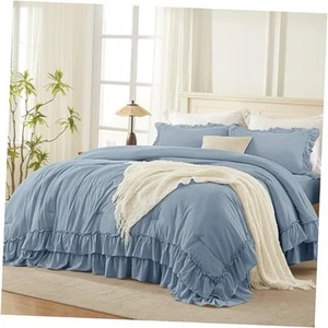 Comforter Set King Size, 3 Pieces Fluffy Shabby King (104"x90") Grayish Blue - Picture 1 of 8