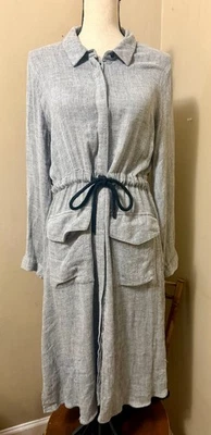 ZARA Gray Button Down Long Sleeve Midi Shirt Dress Drawstring Pockets Women's L - Image 1 of 4