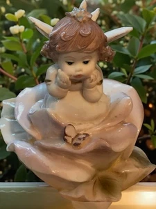 Vintage Pink Bisque Porcelain Angel Sitting In A Flower 3’’ - Picture 1 of 2