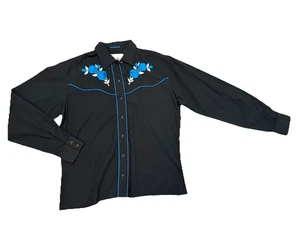 Vtg Ely Country Charmers Embroidered Rose Western Black Pearl Snap Up Shirt - Picture 1 of 7