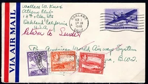 USA Air Mail Cover California Oakland ANTIGUA RETOUR Aviation 1946 Y102b - Picture 1 of 12