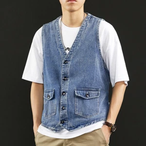 Men Denim Vest Cargo Button Waistcoat Summer Tops Pockets Back Bandage Buckle - Picture 1 of 10