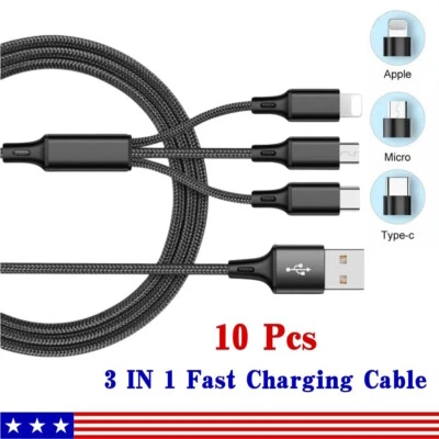 10Pcs 3 in 1 Fast USB Charging Cable Universal Multifunction Phone Charger Cord - Image 1 of 4