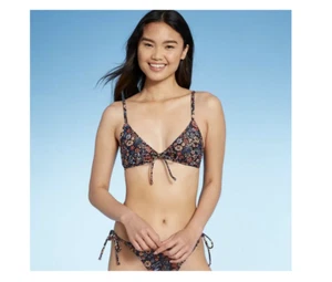 Juniors' Tie-Front Triangle Bikini Top - Xhilaration, Black/Blue Floral, Medium - Picture 1 of 3