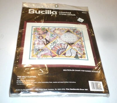 Vintage 1994 THIS ISN'T CLUTTER Counted Cross Stitch Kit Sandy Orton Bucilla NEW - Image 1 of 3