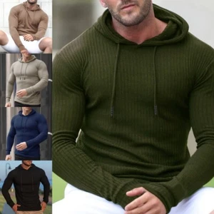 Mens Slim Fit Long Sleeve Sweatshirt Hoodie Winter Muscle Hooded Knitted Tops - Picture 1 of 29