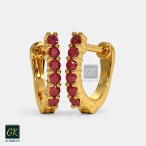 Ruby Hiuggie Ruby Hoop Earrings 18K Solid Gold Handmade Jewelry For Her - Picture 1 of 7