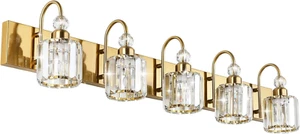 Crystal Bathroom Vanity Lights 5-Lights Brass Gold Crystal Bathroom Vanity Light - Picture 1 of 7