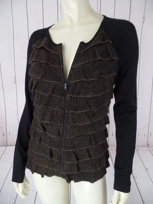 Alex Marie Sweater S Zip Front Black Acrylic Wool Blend Brown Tiered Ruffle  - Image 1 of 4