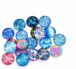 8 Mermaid Scale Cabochons 12mm Circle Flat Domed Dragon Scale Flatbacks Glass - Picture 1 of 1