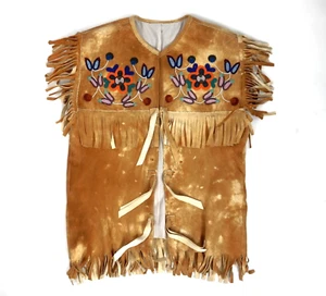 Vintage METIS Nation Fringed Deerhide Leather Beaded Flower Vest Men's L - Picture 1 of 11