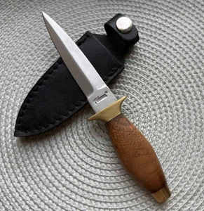 Vintage Dagger Knife Fixed Leopard Wood Handle Leather Sheath Men's France Rare - Picture 1 of 16