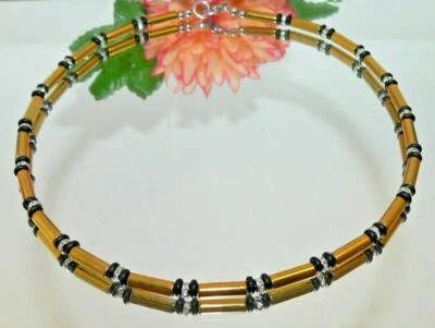 Halskette Kette Walzen Hämatit  Gold Strass Kautschukring schwarz 063p - Bild 1 von 4