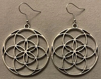 几何花卉耳环,大号 - 锡带纯银耳线 — 第 1/4 张图片