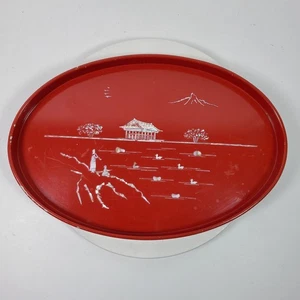 Vintage Red Oval Wood & Mother of Pearl Serving Tray 18 Inch Long - Picture 1 of 7