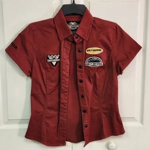 Harley Davidson Motorcycle Short Sleeve Button Down Red Brick Womens Shirt XS - Picture 1 of 16