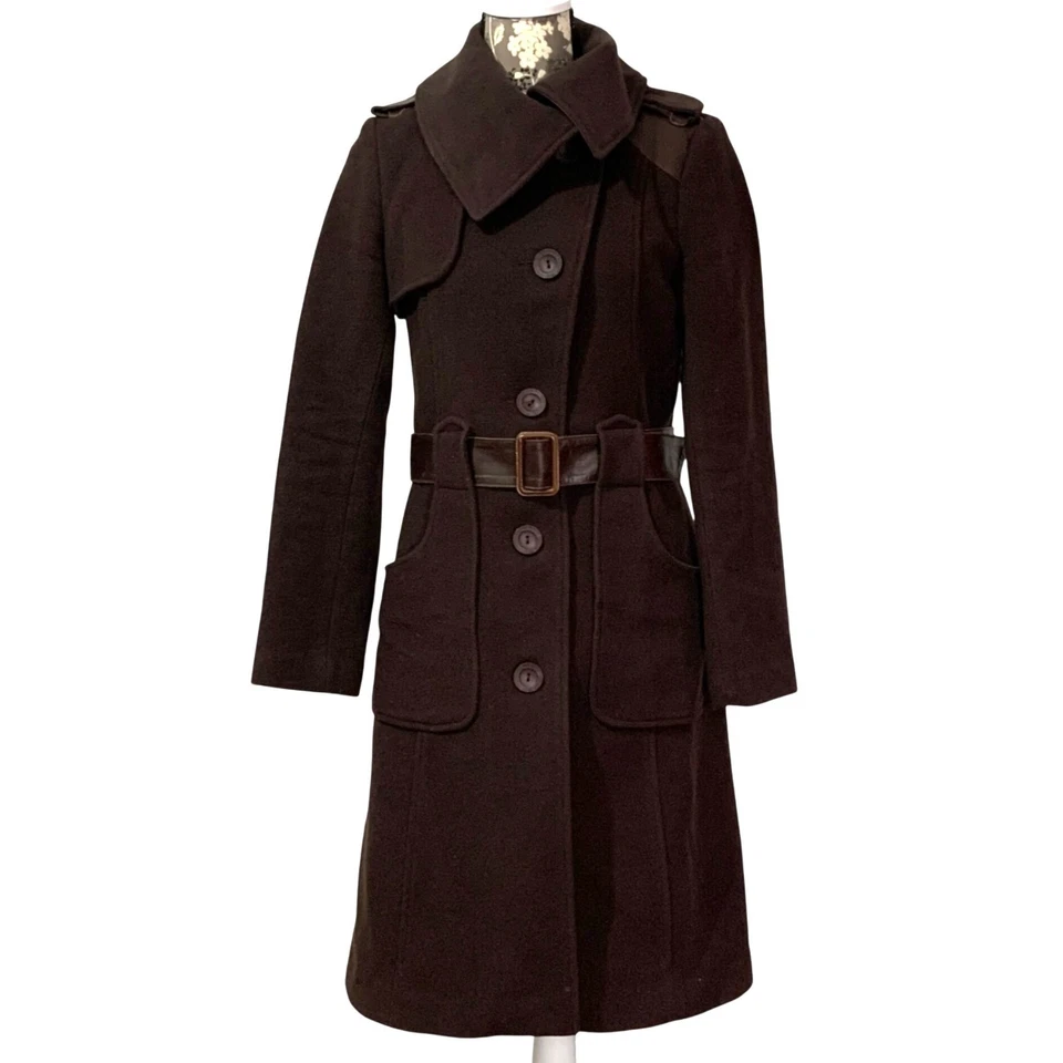 Jaqueta casaco militar utilitário de lã Mackage acabamento em couro cinto colarinho pontudo tamanho PS - Imagem 1 de 4