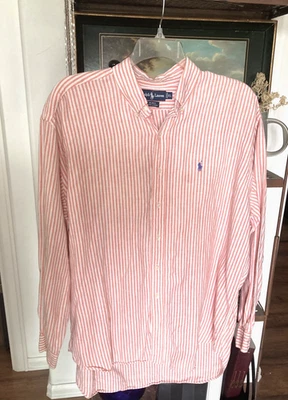 Vtg RALPH LAUREN Size XL Blake Linen Pink Stripe Long Sleeve Shirt Button Collar - Image 1 of 4