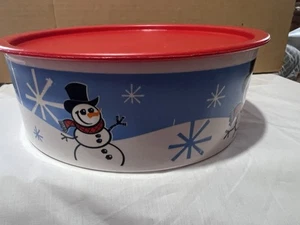 TUPPERWARE SNOWMAN Decor One Touch 9 1/2 Cup Cookie CANISTER RED Seal USED VgUC - Picture 1 of 17