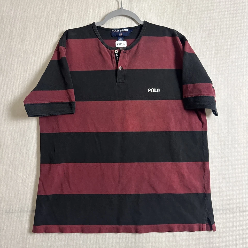 Винтажная мужская футболка Polo Sport Ralph Lauren размер Large в полоску Henley - Изображение 1 из 4