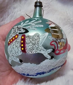 Vintage Poland Jumbo Mercury Glass Ornament SANTA Sleigh DEER Mica Snow 1950s 4" - Picture 1 of 22