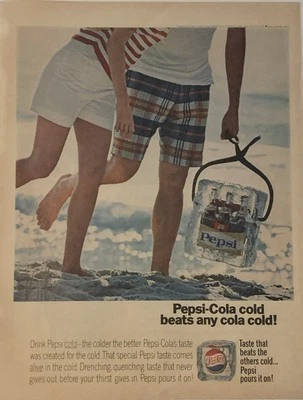 1966 Pepsi Cola PRINT AD Couple Walks Beach - 6 Pack Bottles Ice Block VTG 1960s - Image 1 of 4