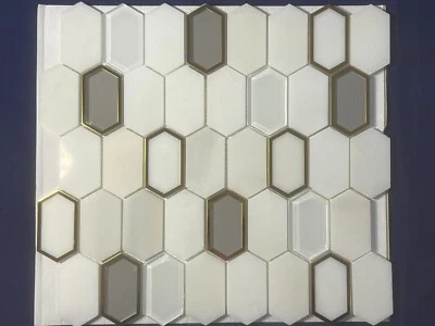 S15 White/Grey/Gold Marble Glass Hexagon Mosaic Tile Kitchen Bathroom Polished - Image 1 of 4