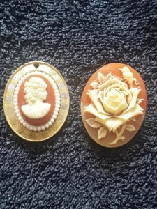 IVORY-COLORED FLORAL CAMEO BROOCH & LADY CAMEO PENDANT ON RUSSET BACKGROUND - Picture 1 of 7