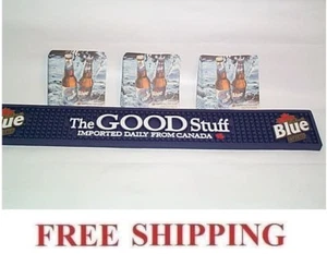LABATT BLUE RAIL BAR MAT RUNNER & 20 BEER BAR COASTERS NEW - Picture 1 of 1